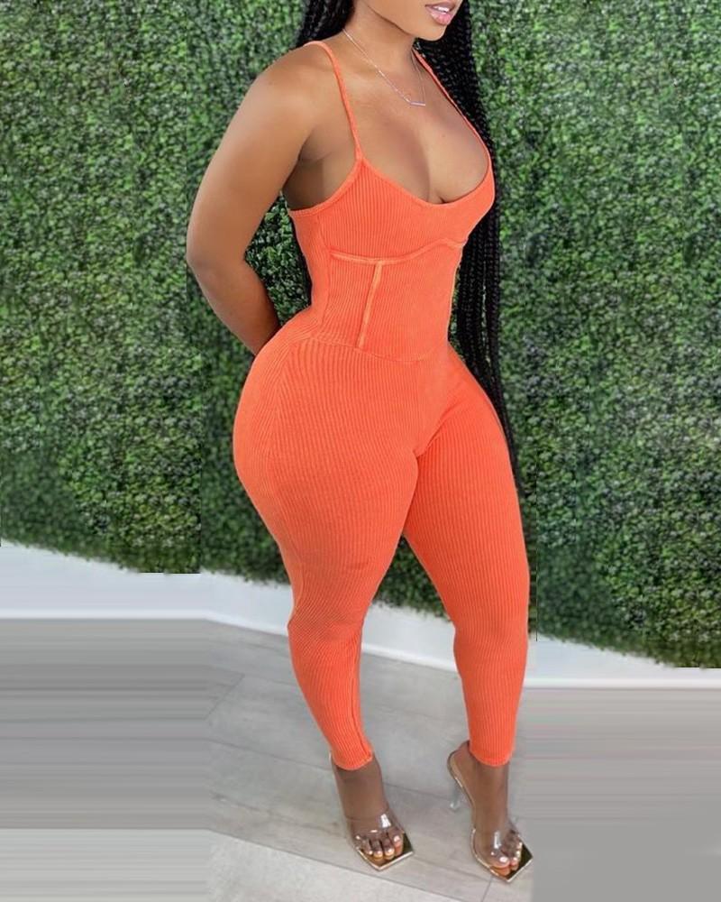 Ribbed Backless Spaghetti Strap Corset Jumpsuit