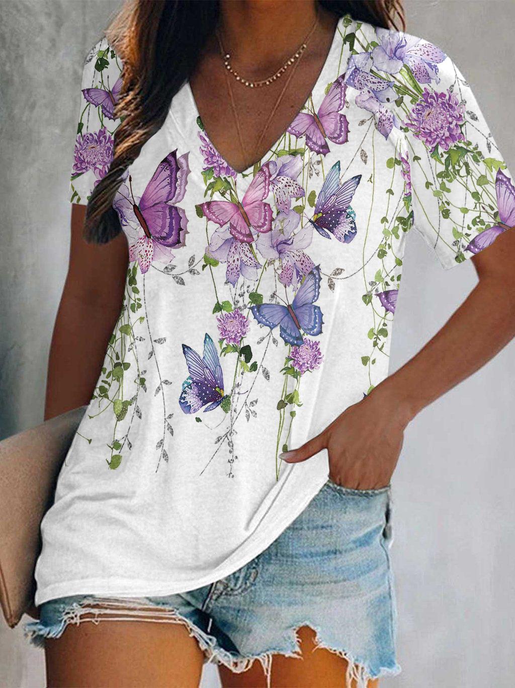 women  butterfly print turtleneck V-neck t-shit