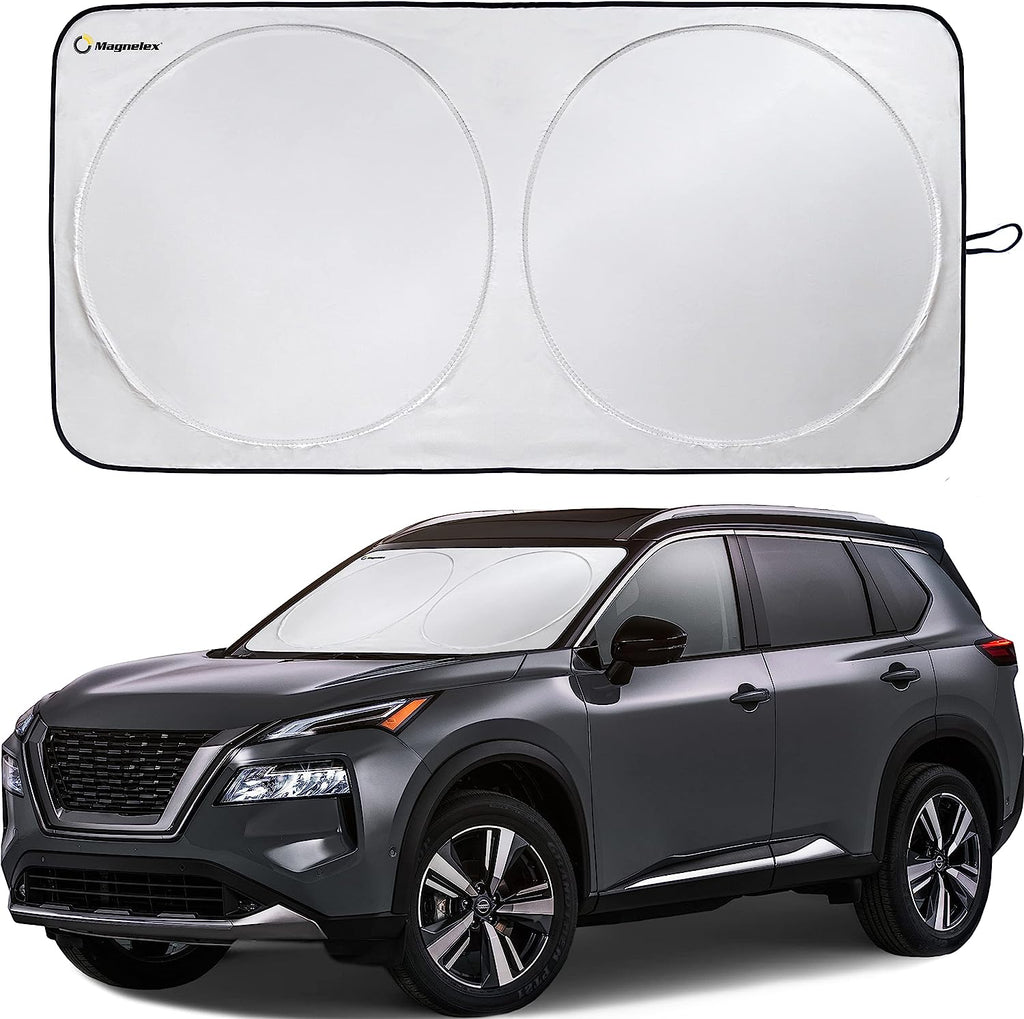 Magnelex Car Windshield Sunshade with Bonus Steering Wheel Cover Sun Shade. Reflective Polyester Blocks Heat and Sun. Foldable Sun Shield That Keeps Your Vehicle Cool (Large 63 x 33.8 in)