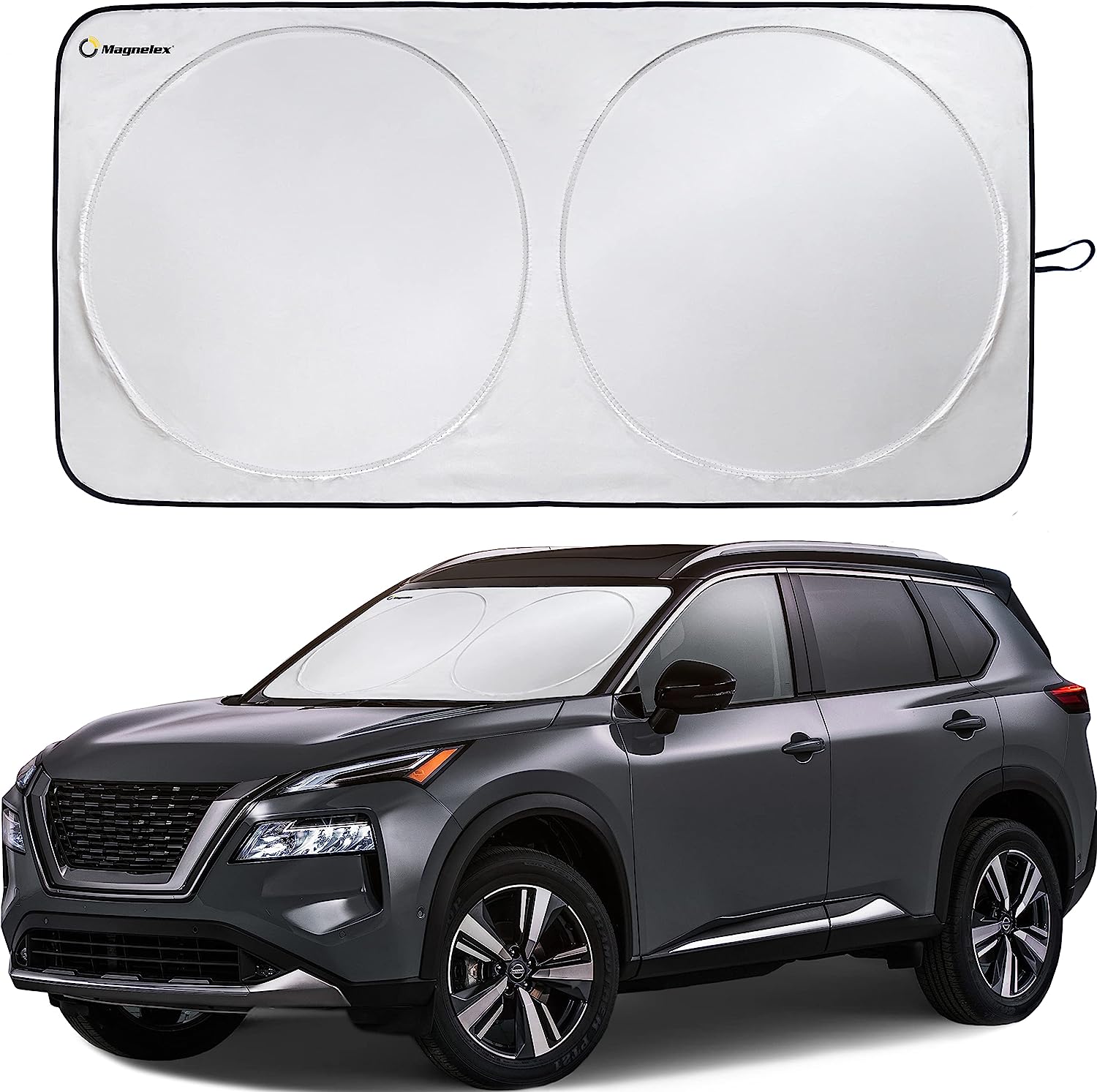 Magnelex Car Windshield Sunshade with Bonus Steering Wheel Cover Sun Shade. Reflective Polyester Blocks Heat and Sun. Foldable Sun Shield That Keeps Your Vehicle Cool (Large 63 x 33.8 in)