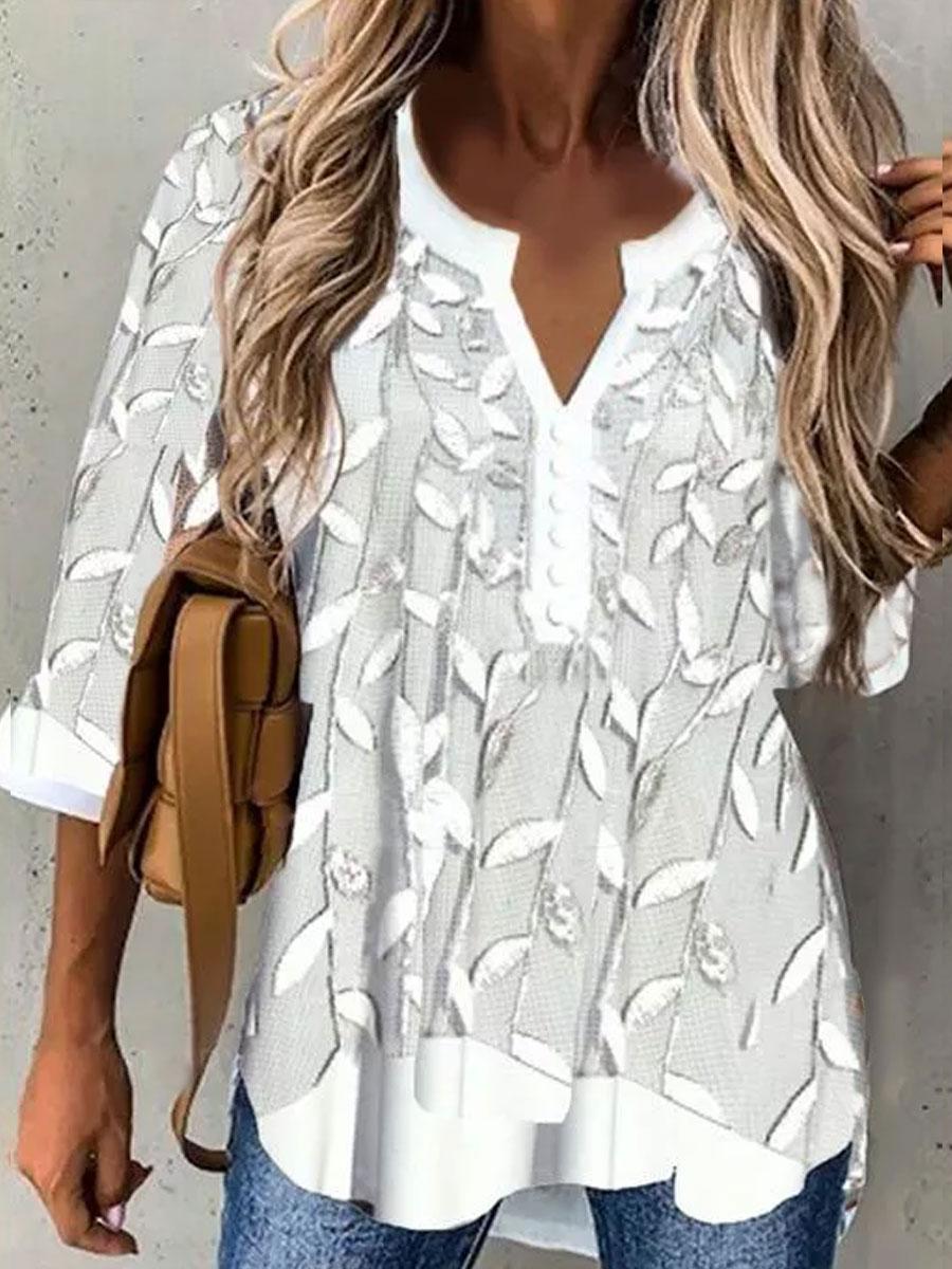 Round Neck Print Stitching Casual Loose Long-sleeved Blouse