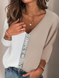 Fashion V-neck Color Matching Long-sleeved Casual T-shirt