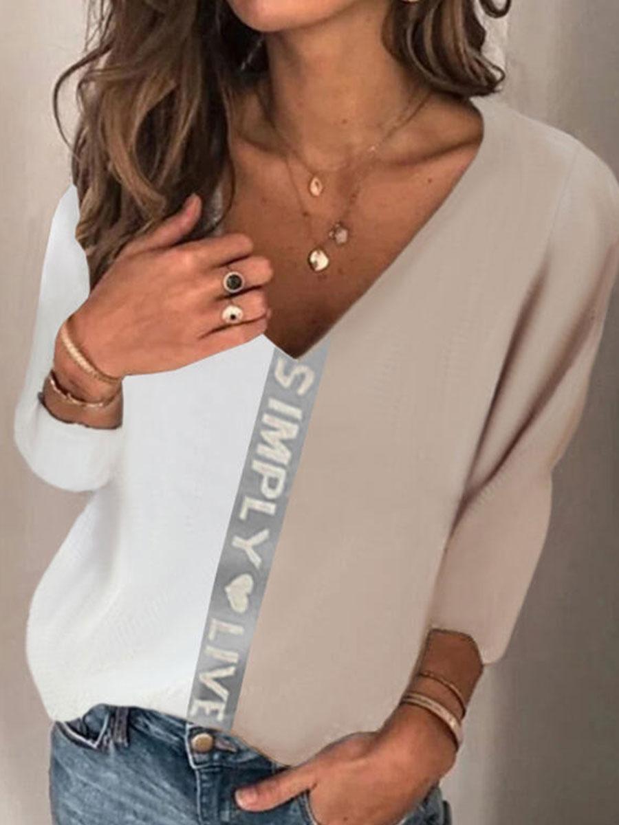 Fashion V-neck Color Matching Long-sleeved Casual T-shirt