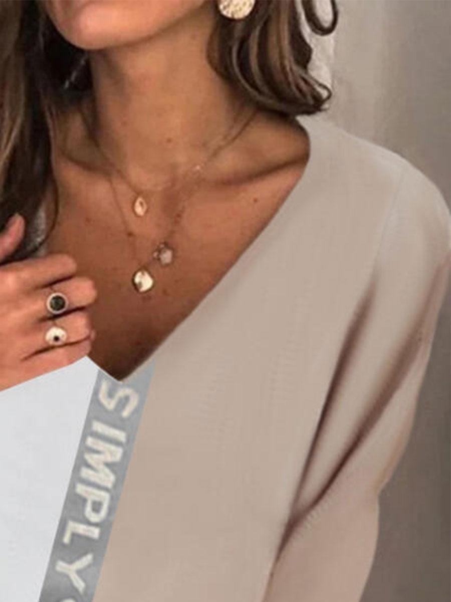 Fashion V-neck Color Matching Long-sleeved Casual T-shirt