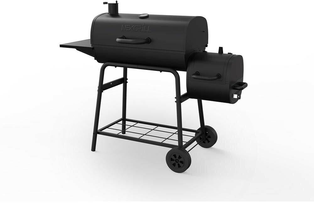 Barrel Charcoal BBQ Grill Smoker 29 in. Side Shelf Two Racks Meat Black