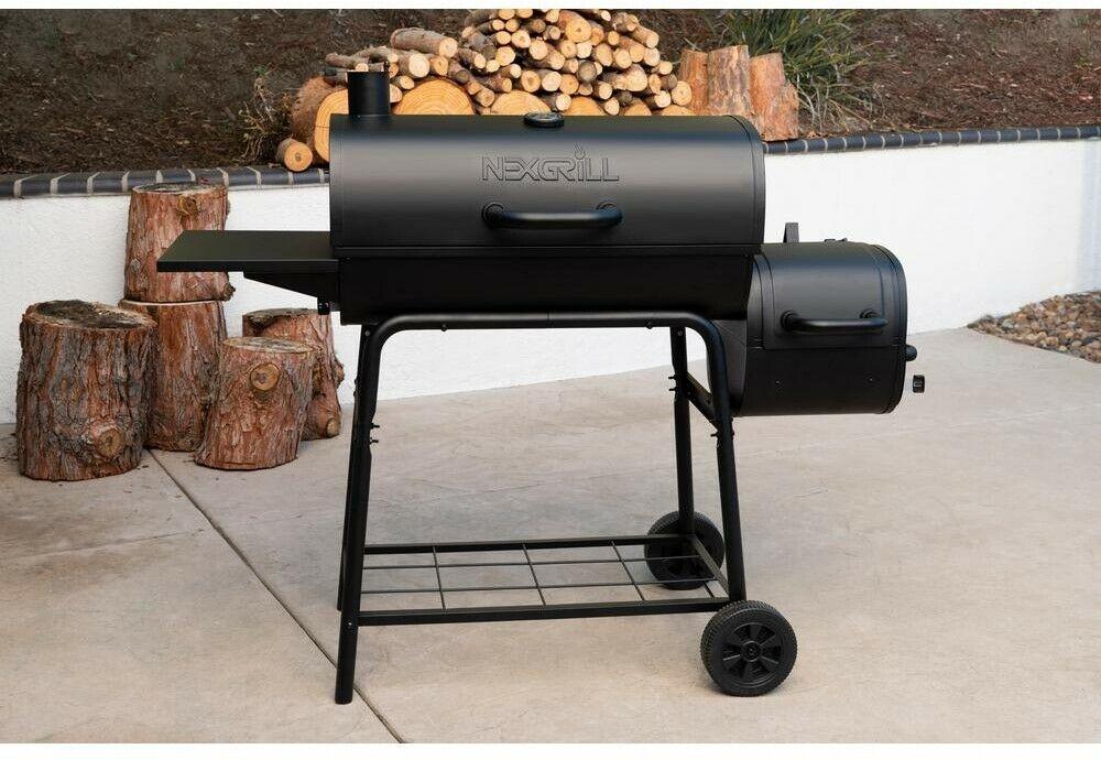 Barrel Charcoal BBQ Grill Smoker 29 in. Side Shelf Two Racks Meat Black