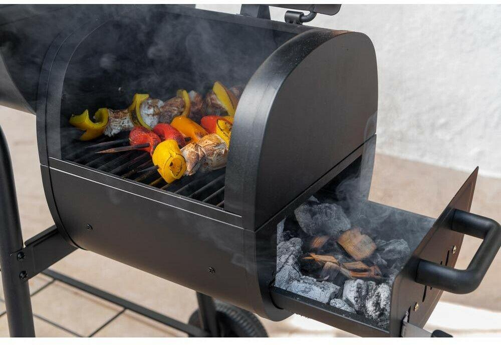 Barrel Charcoal BBQ Grill Smoker 29 in. Side Shelf Two Racks Meat Black