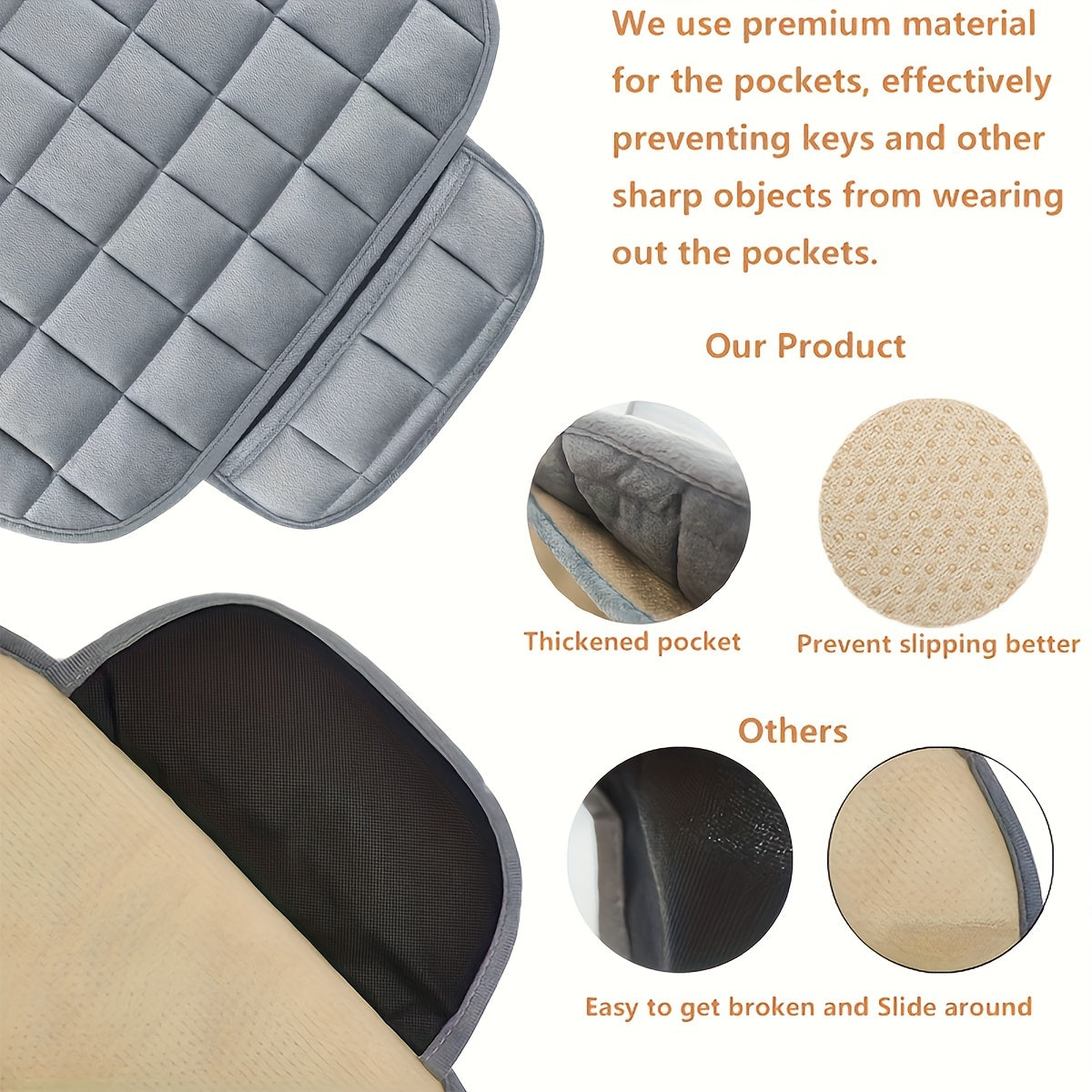 1pc Car Seat Cushion, Non-Slip Rubber Bottom With StoraPouch, Premium Comfort Memory Foam, Driver Seat Back Seat Cushion, Car Seat Pad Universal