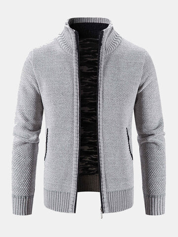 mens plain chenille knit stand collar zipper warm cardigans with pocket