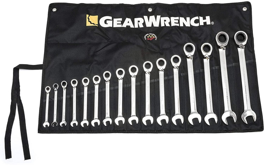 GEARWRENCH 16 Pc. 12 Pt. Reversible Ratcheting Combination Wrench Set with Tool Roll, Metric - 9602RN