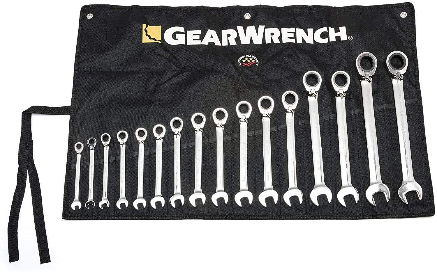 GEARWRENCH 16 Pc. 12 Pt. Reversible Ratcheting Combination Wrench Set with Tool Roll, Metric - 9602RN