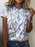 Color Leaf Print Round Neck Short Sleeve T-Shirt