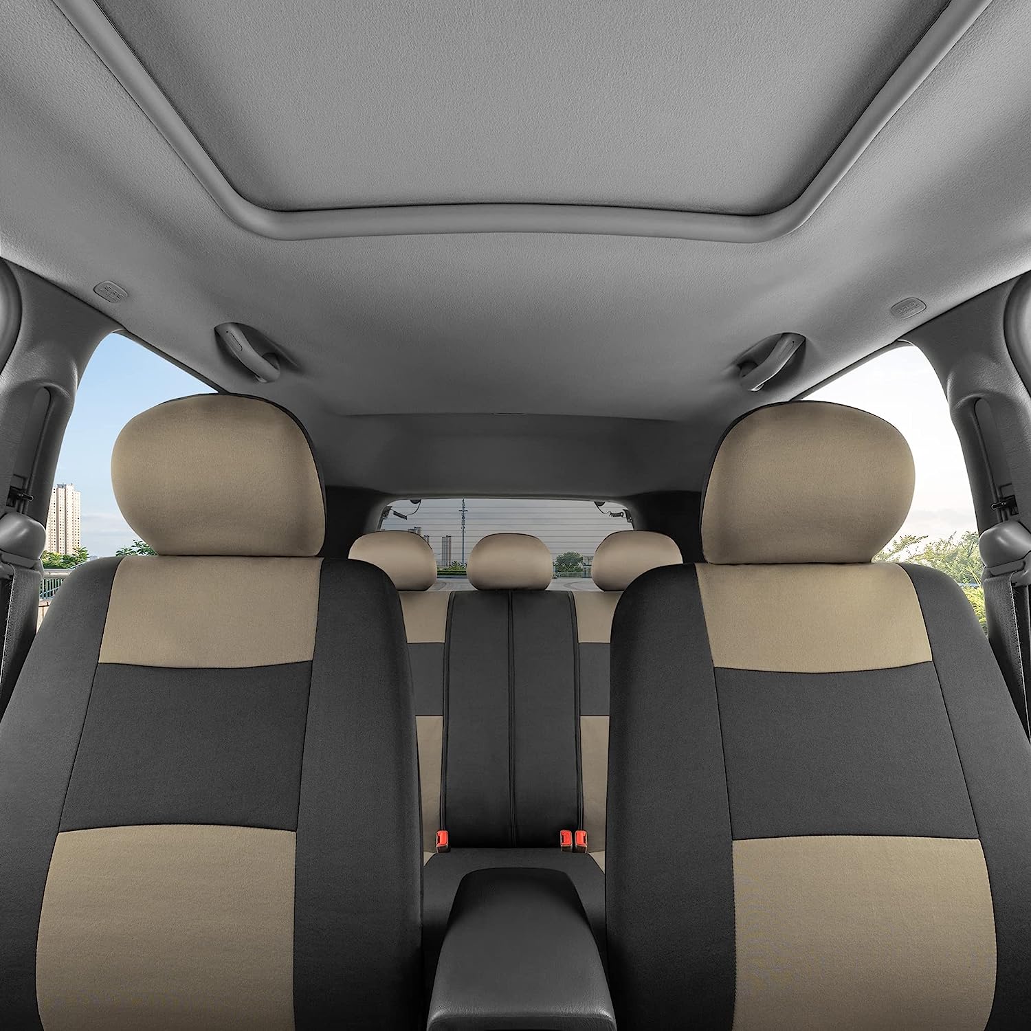 BDK PolyPro Seat Covers Full Set in Beige on Black – Front and Rear Split Bench Seat Covers for Cars, Easy to Install , Car Accessories for Auto Trucks Van SUV
