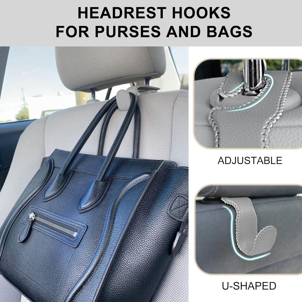EldHus Seat Hooks for Purses and Bags, 2 Pack Car Purse Holder for Grocery Bag Handbag Clothes, Metal Headrest Hooks Covered by Leather, Grey