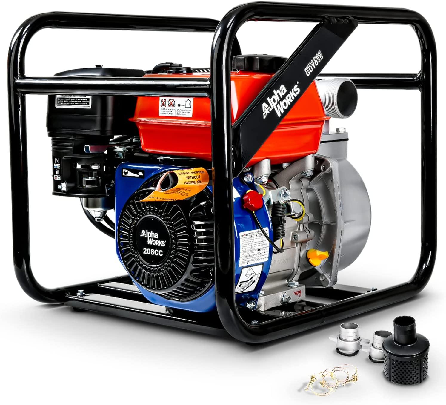 AlphaWorks Water Transfer Pump Portable 7HP 196cc 4-Stroke Gas Engine EPA Certified 2" Inch Intake 132GPM Flow Rate 23FT Suction 92FT Lift 1/2" Passable Solids