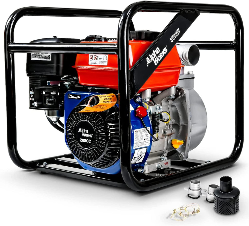 AlphaWorks Water Transfer Pump Portable 7HP 196cc 4-Stroke Gas Engine EPA Certified 2" Inch Intake 132GPM Flow Rate 23FT Suction 92FT Lift 1/2" Passable Solids