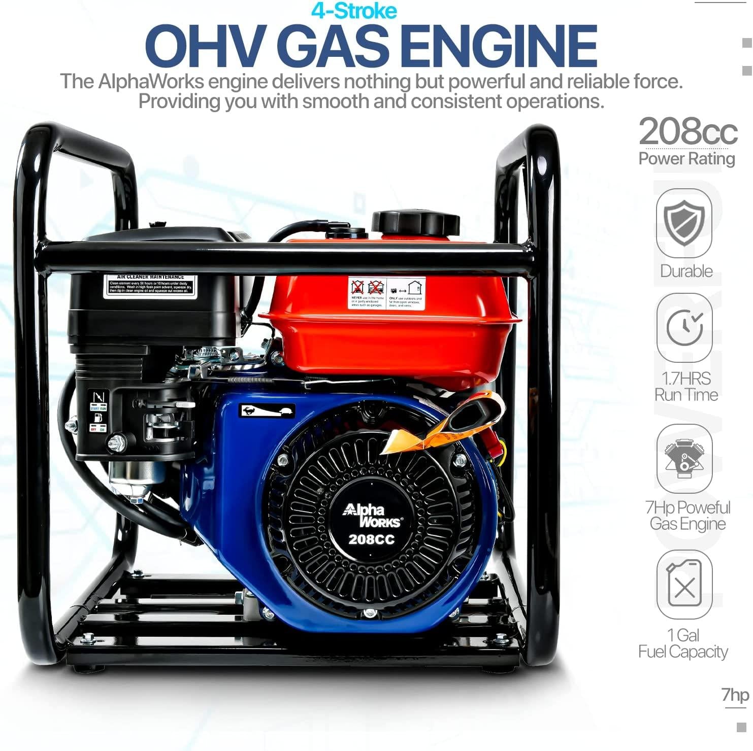 AlphaWorks Water Transfer Pump Portable 7HP 196cc 4-Stroke Gas Engine EPA Certified 2" Inch Intake 132GPM Flow Rate 23FT Suction 92FT Lift 1/2" Passable Solids