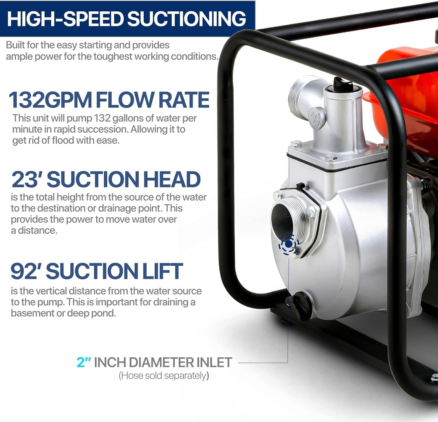 AlphaWorks Water Transfer Pump Portable 7HP 196cc 4-Stroke Gas Engine EPA Certified 2" Inch Intake 132GPM Flow Rate 23FT Suction 92FT Lift 1/2" Passable Solids