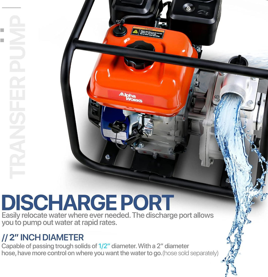 AlphaWorks Water Transfer Pump Portable 7HP 196cc 4-Stroke Gas Engine EPA Certified 2" Inch Intake 132GPM Flow Rate 23FT Suction 92FT Lift 1/2" Passable Solids