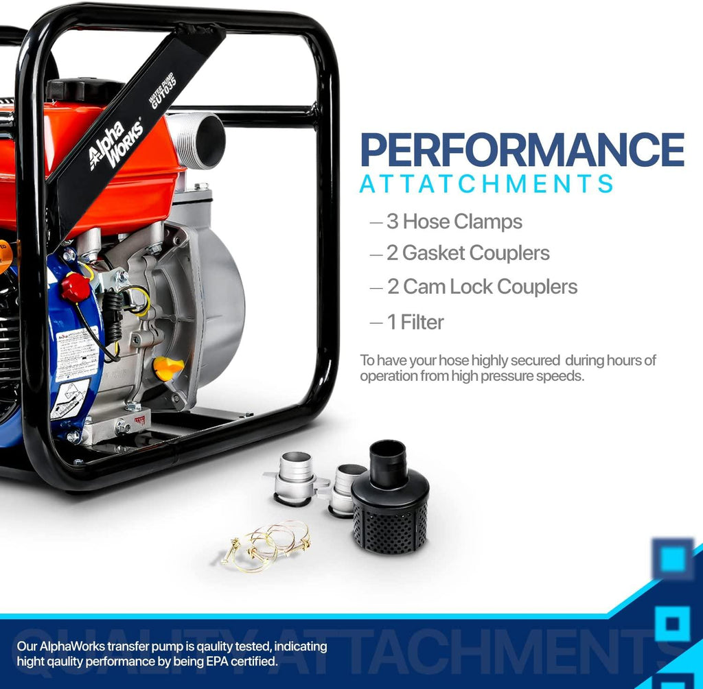 AlphaWorks Water Transfer Pump Portable 7HP 196cc 4-Stroke Gas Engine EPA Certified 2" Inch Intake 132GPM Flow Rate 23FT Suction 92FT Lift 1/2" Passable Solids