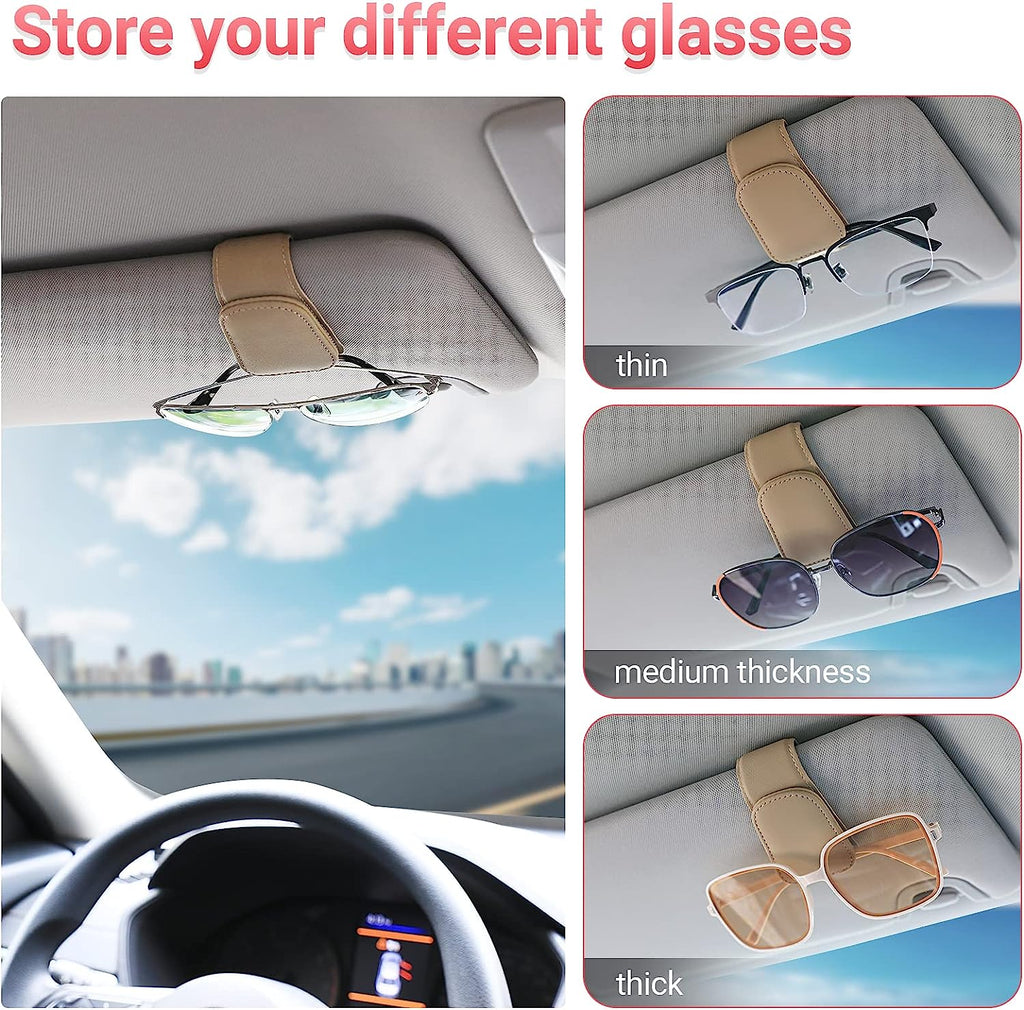 Sunglass Holder for Car Visor Sunglasses Clip Magnetic Leather Glasses Eyeglass Holder Interior Car Accessories for Woman Man - 2 Packs Beige