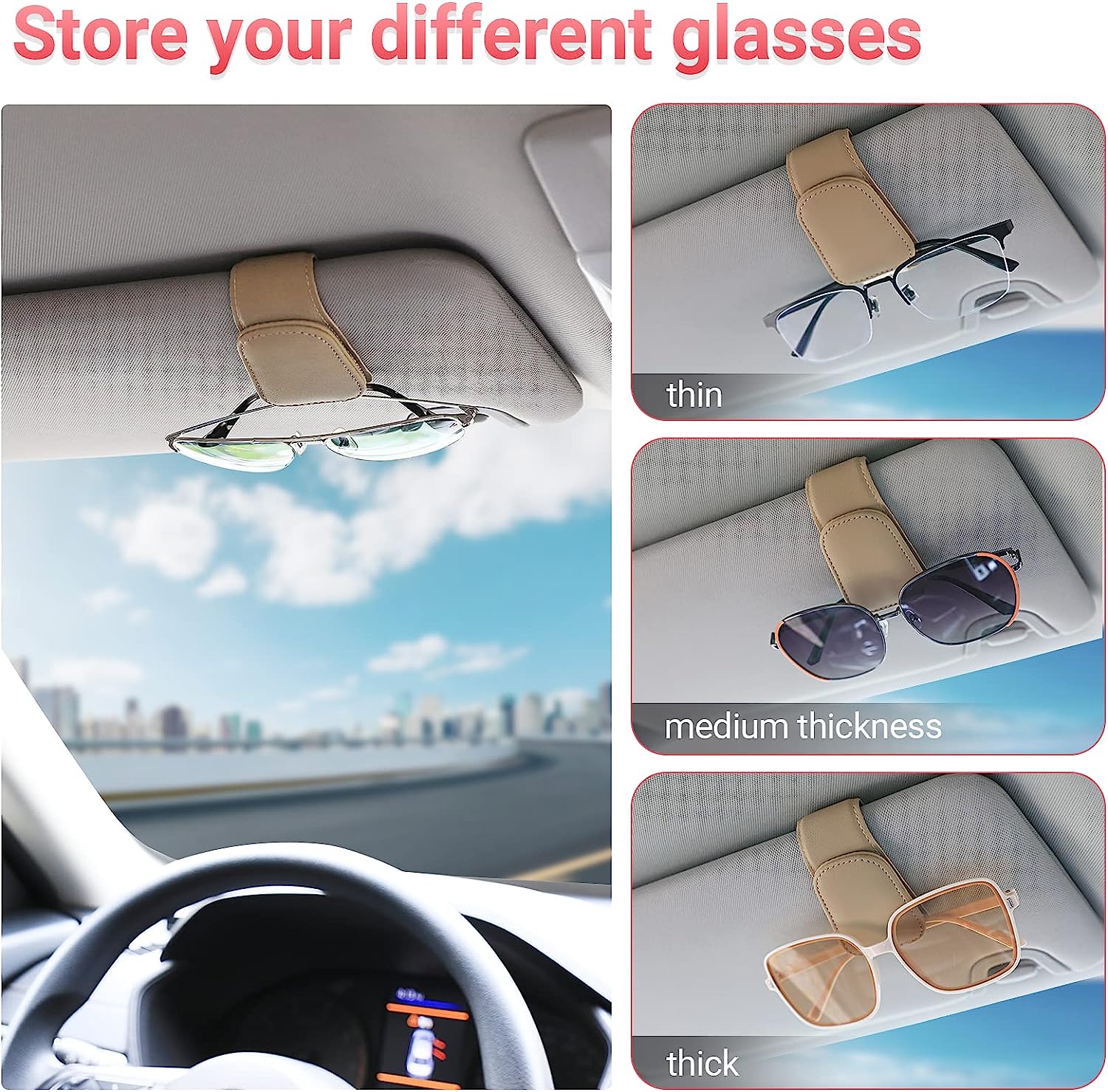 Sunglass Holder for Car Visor Sunglasses Clip Magnetic Leather Glasses Eyeglass Holder Interior Car Accessories for Woman Man - 2 Packs Beige