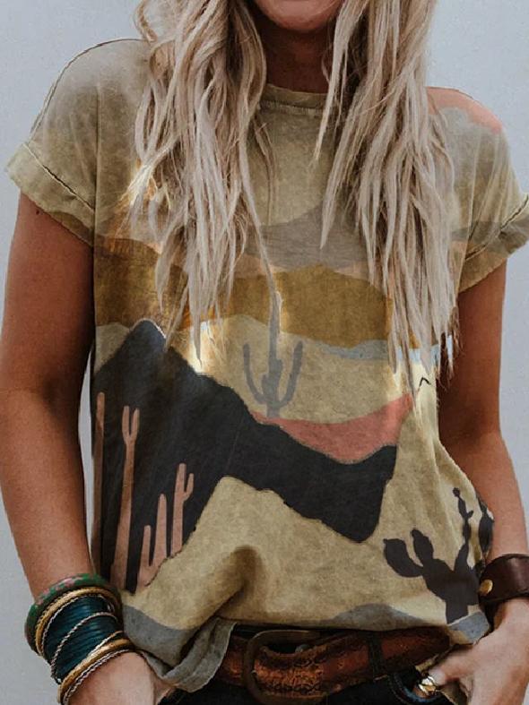 Lady Mountain Landscape Printed Round Neck Loose T-shirt