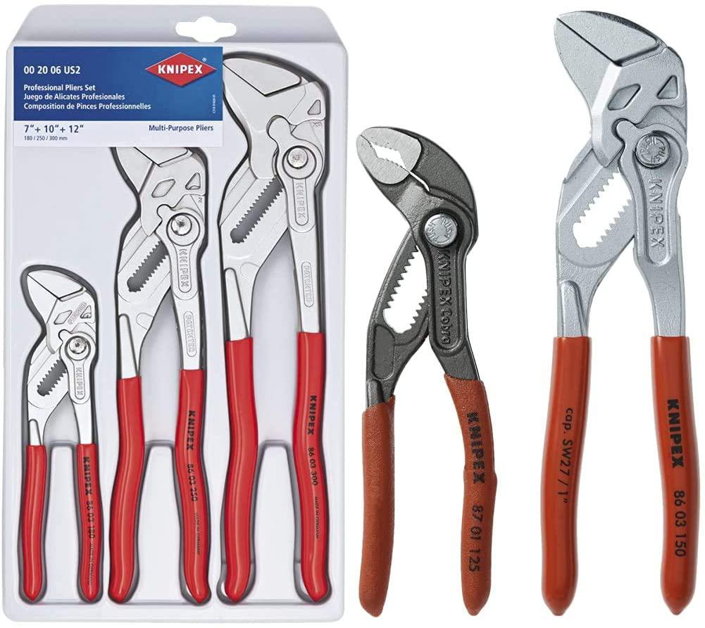 KNIPEX Tools 00 20 06 US2, Pliers Wrench 3-Piece Set &amp; Tools 00 20 72 V01 Mini Pliers in Belt Pouch, Red, 2-Piece