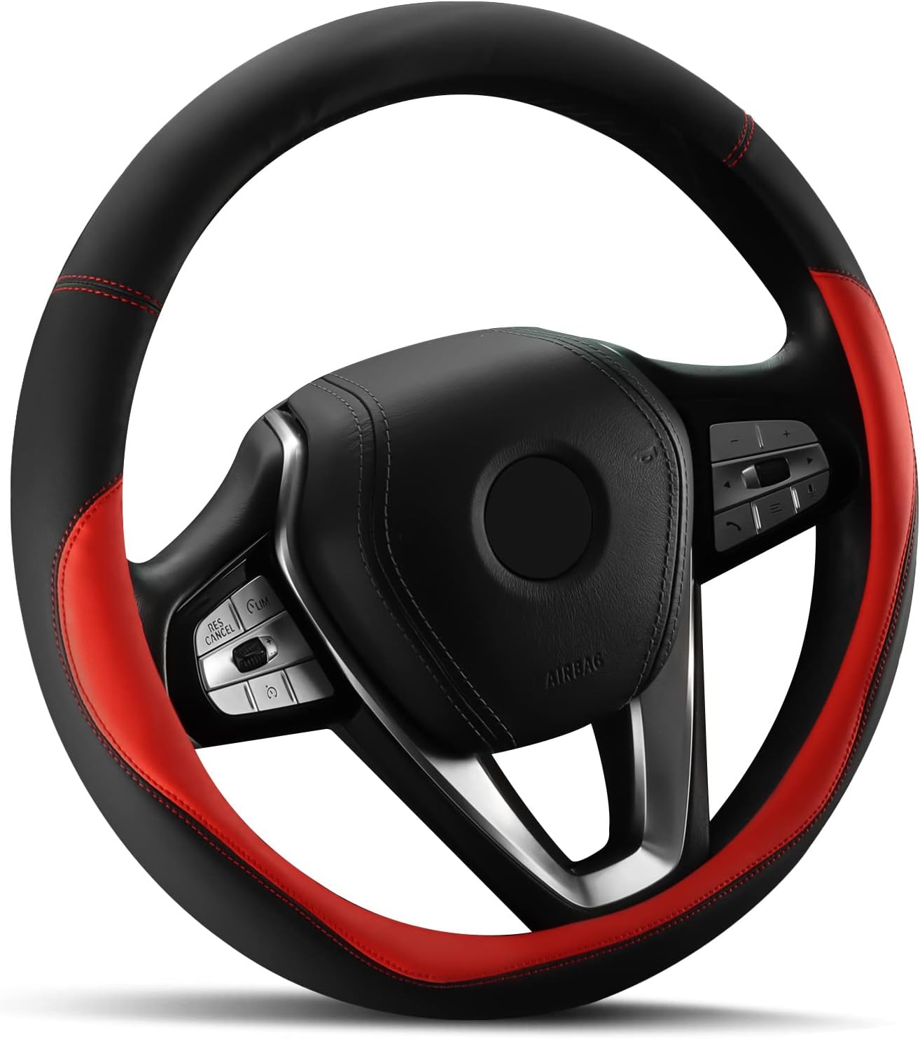 HOTOR Car Steering Wheel Cover - Universal Car Accessory for Diverse Cars, Durable Leather Steering Wheel Cover with Anti-Slip Lining, for Steering Wheel with a Diameter of 15.5", Red