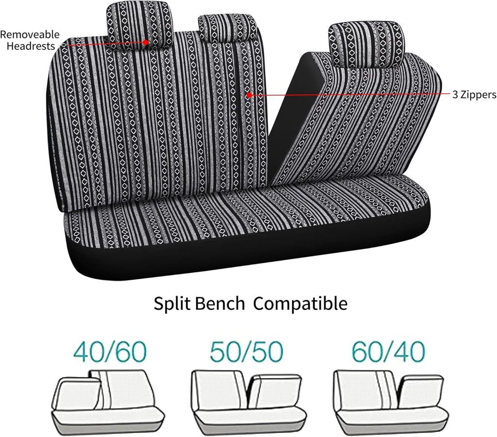 Pariitadin Baja Saddle Blanket Car Seat Covers Full Set with Seat Belt Pads, Washable Breathable Striped Woven Cloth Seat Covers for Cars, Universal Fit Most Cars, Airbag Compatible, Black/White
