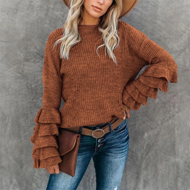 Women's Round Neck Flare Sleeve Multi-layer Ruffle Sweater