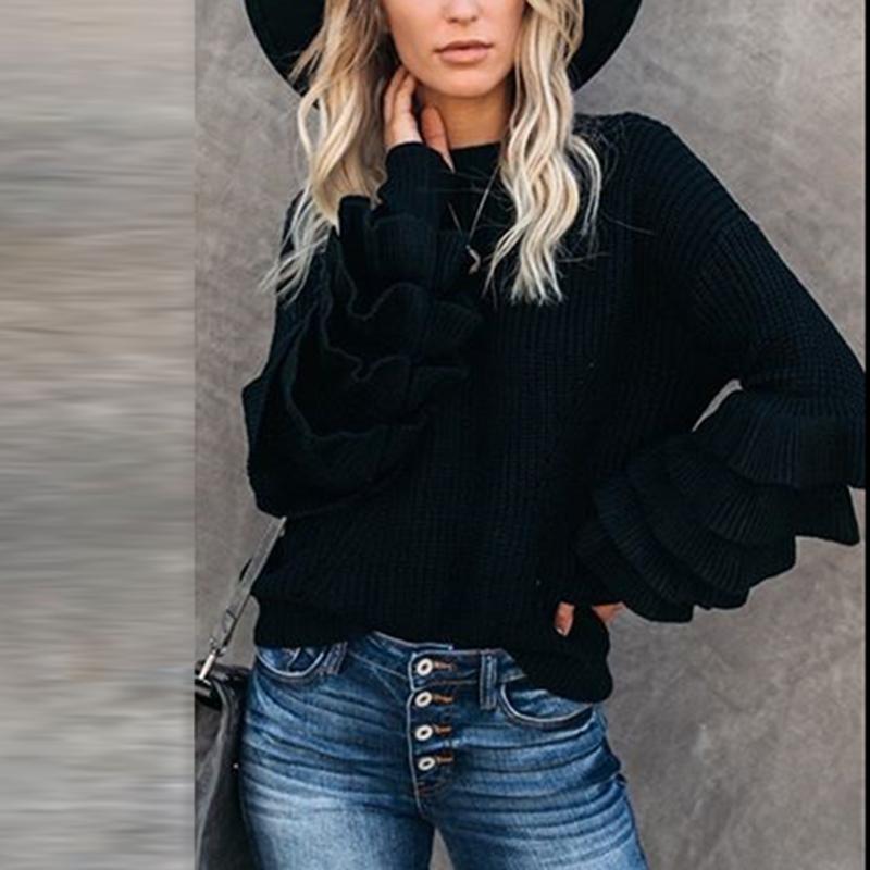 Women's Round Neck Flare Sleeve Multi-layer Ruffle Sweater