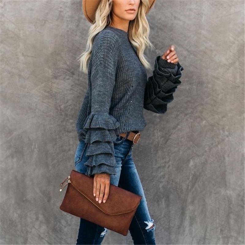 Women's Round Neck Flare Sleeve Multi-layer Ruffle Sweater