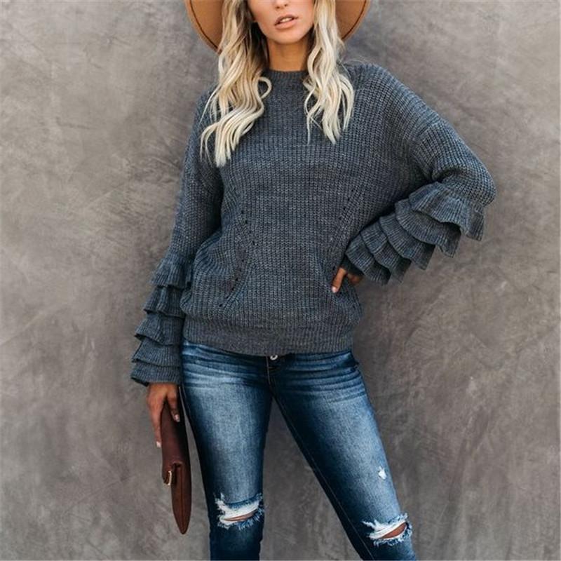 Women's Round Neck Flare Sleeve Multi-layer Ruffle Sweater