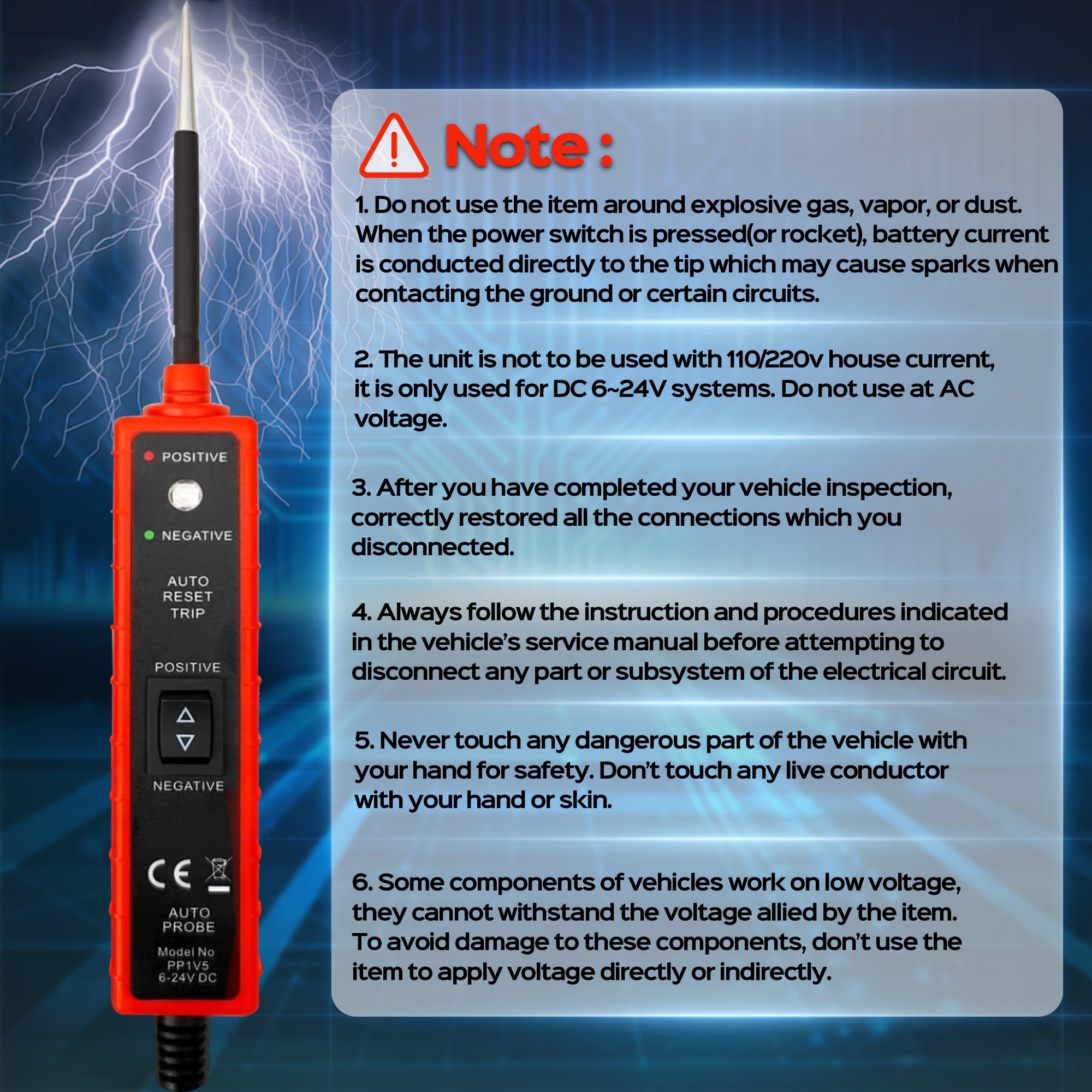 Power Circuit Probe Tester 6-24V DC Test Light Short Circuit Automotive Component Electrical Polarity Identify Continuity Tester Overload Protection