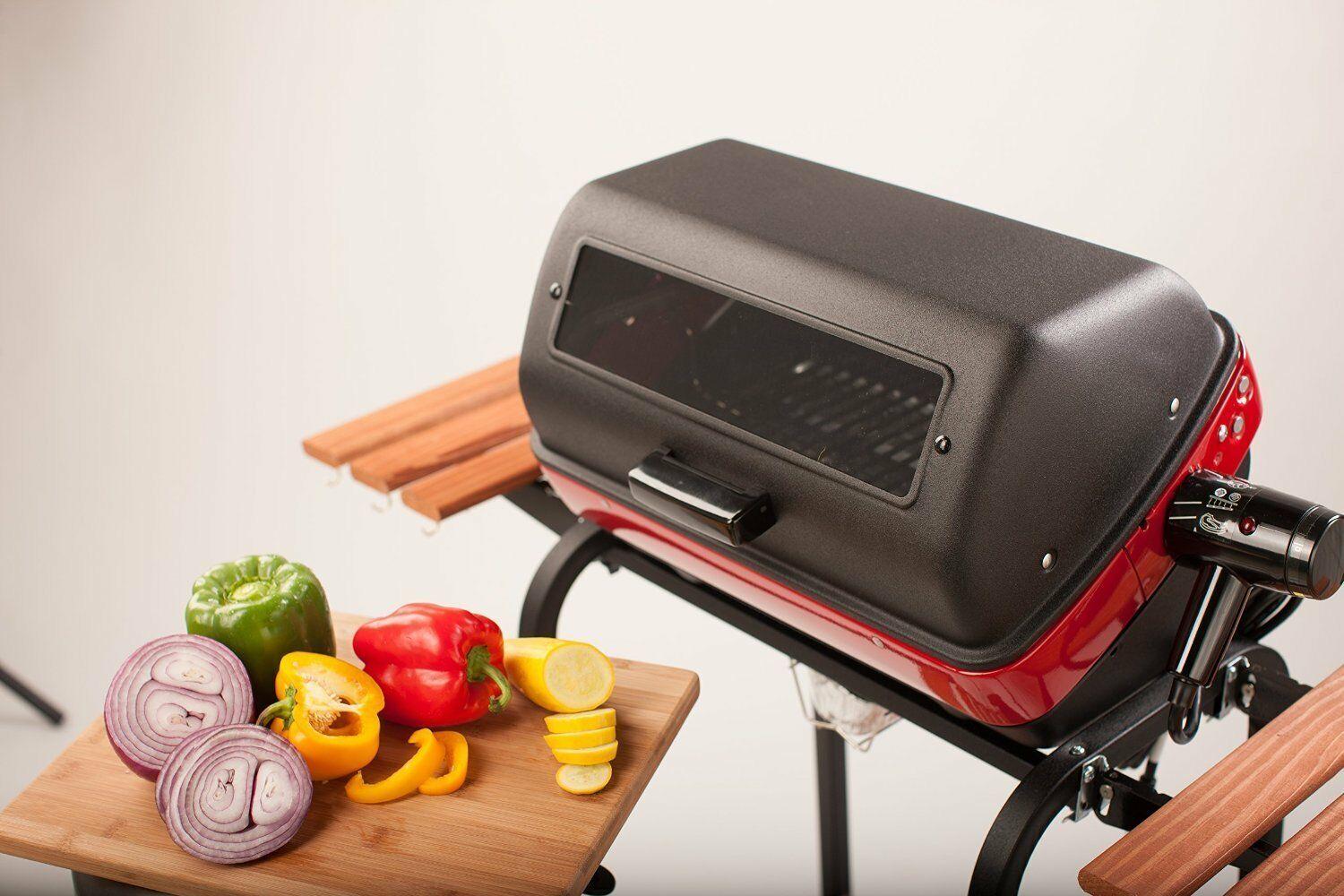 Electric Grill BBQ Outdoor Rotisserie Black Red Cart Barbecue Side Tables