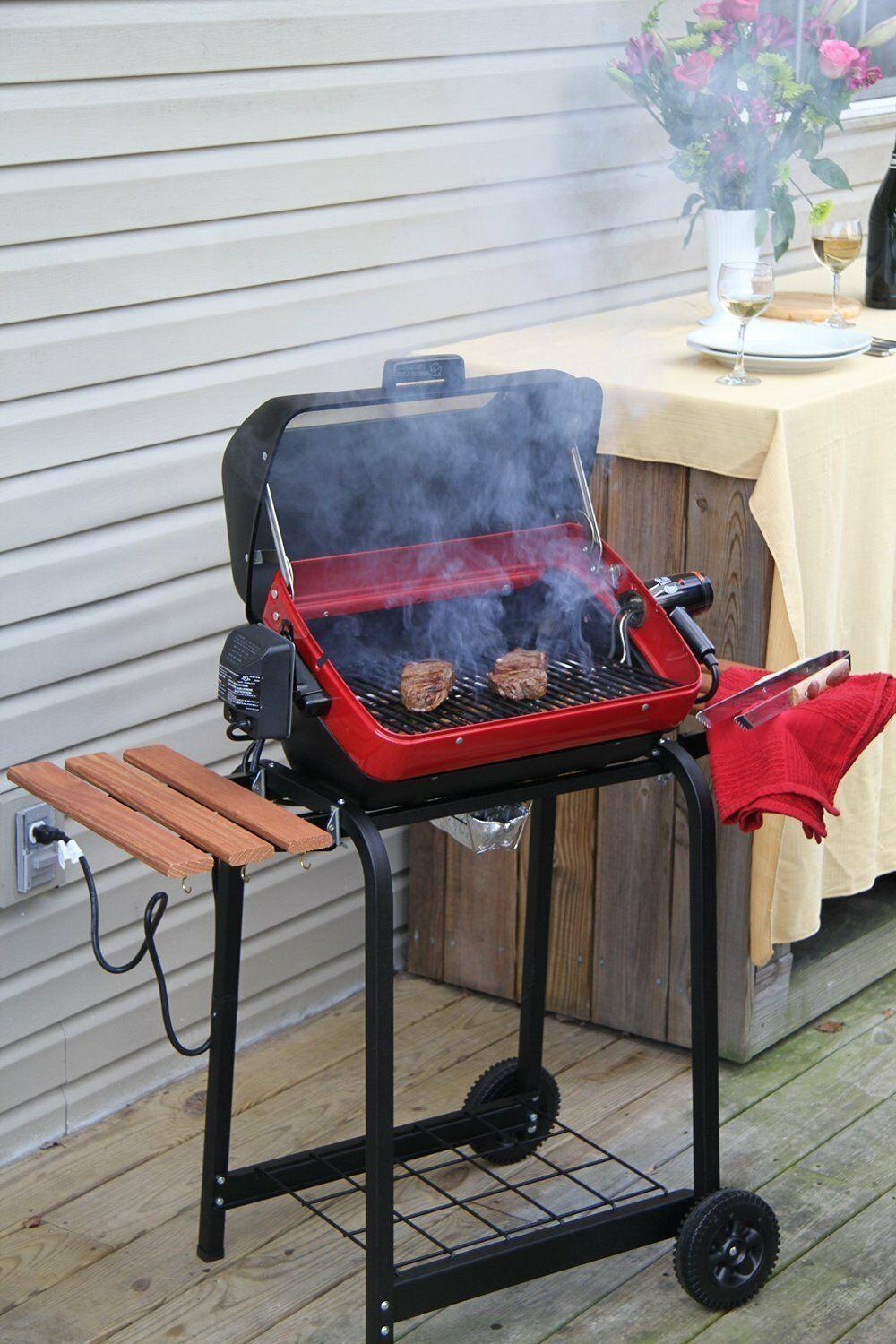 Electric Grill BBQ Outdoor Rotisserie Black Red Cart Barbecue Side Tables