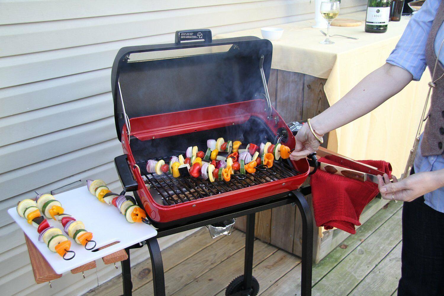 Electric Grill BBQ Outdoor Rotisserie Black Red Cart Barbecue Side Tables