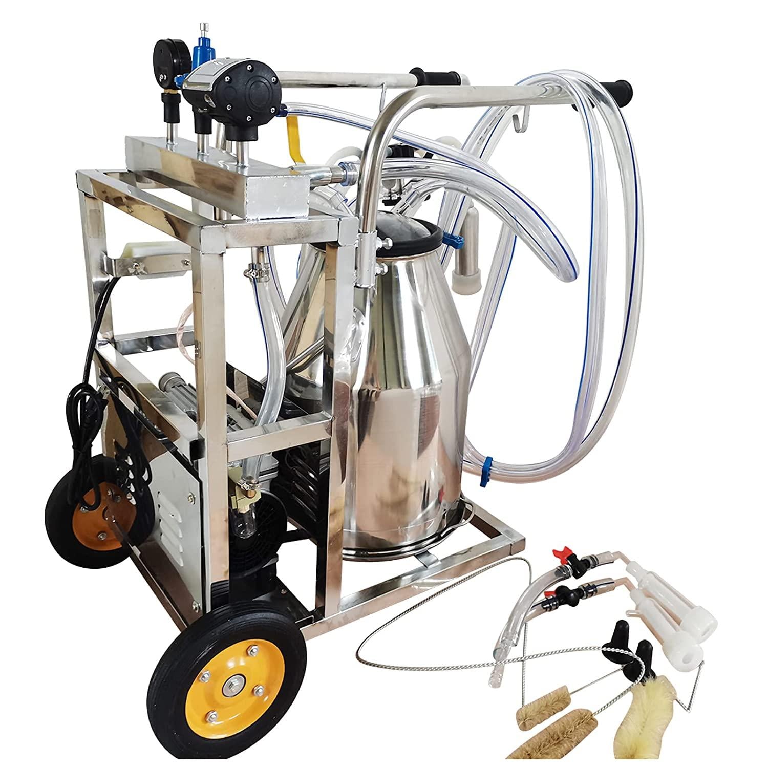 EQCOTWEA 25L Oil- Vacuum Pump Electric MilMachine, 304  Steel Single Bucket Cow Milker, MilMachine for Cow Goat with 3 Cleaning Brushes, 2 Handles, 2 Wheels MilEquipment