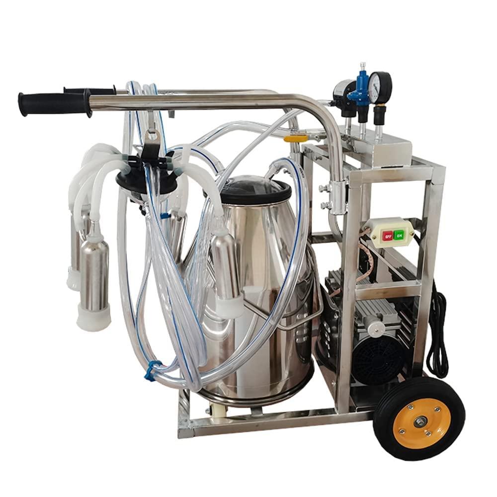 EQCOTWEA 25L Oil- Vacuum Pump Electric MilMachine, 304  Steel Single Bucket Cow Milker, MilMachine for Cow Goat with 3 Cleaning Brushes, 2 Handles, 2 Wheels MilEquipment