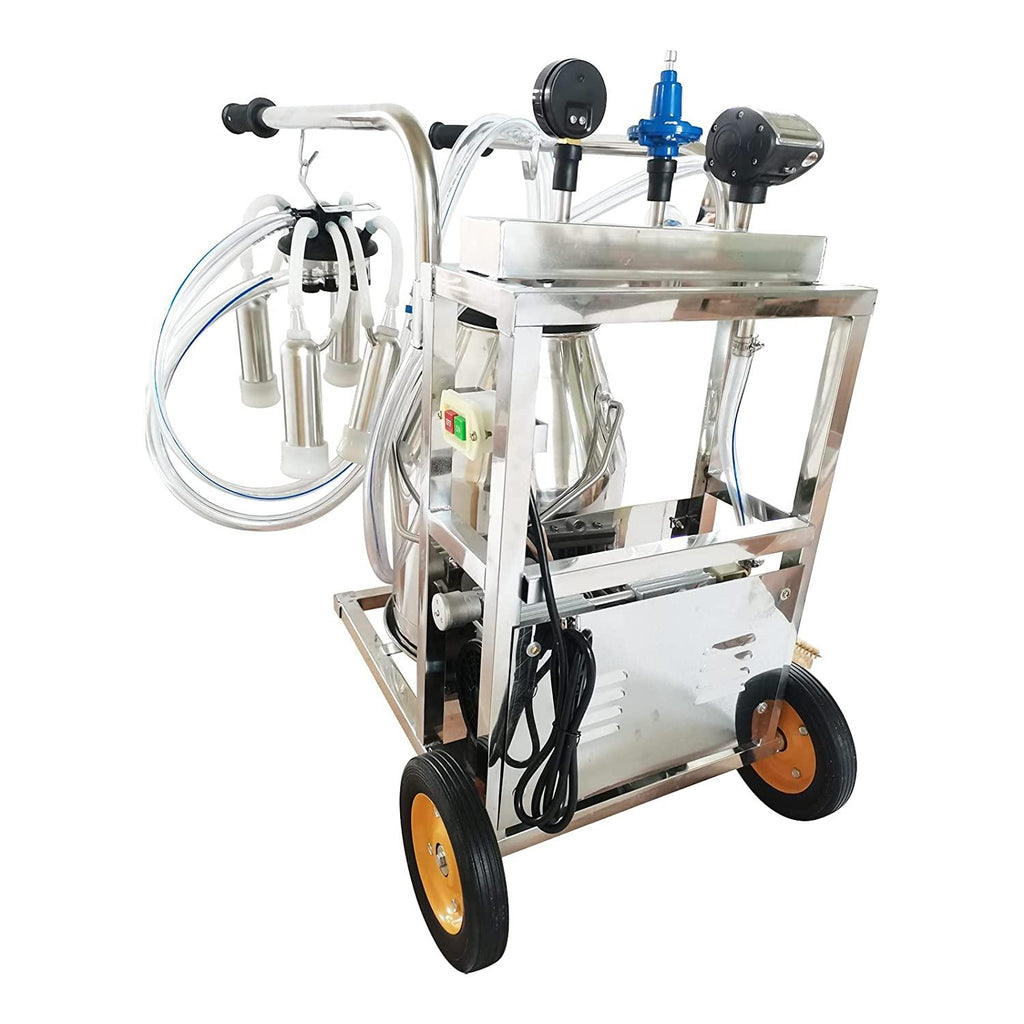 EQCOTWEA 25L Oil- Vacuum Pump Electric MilMachine, 304  Steel Single Bucket Cow Milker, MilMachine for Cow Goat with 3 Cleaning Brushes, 2 Handles, 2 Wheels MilEquipment