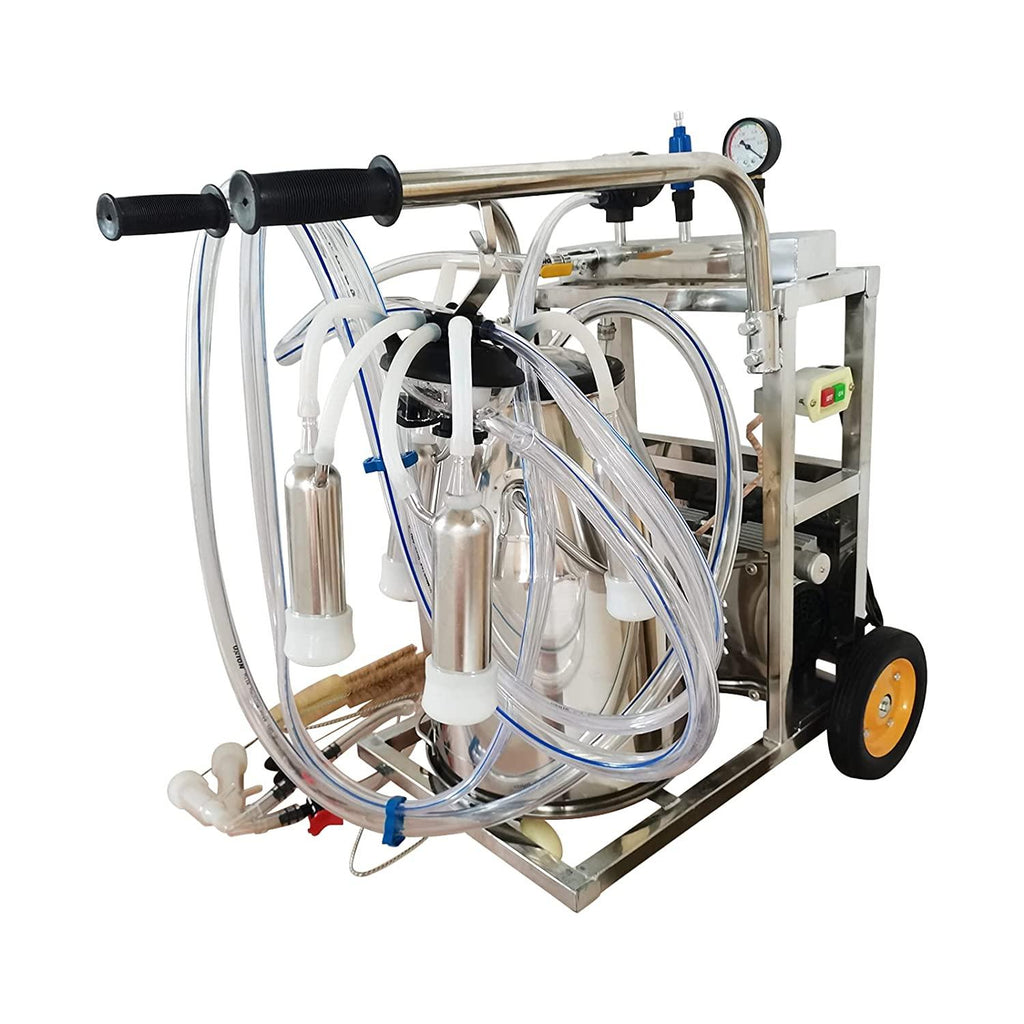 EQCOTWEA 25L Oil- Vacuum Pump Electric MilMachine, 304  Steel Single Bucket Cow Milker, MilMachine for Cow Goat with 3 Cleaning Brushes, 2 Handles, 2 Wheels MilEquipment