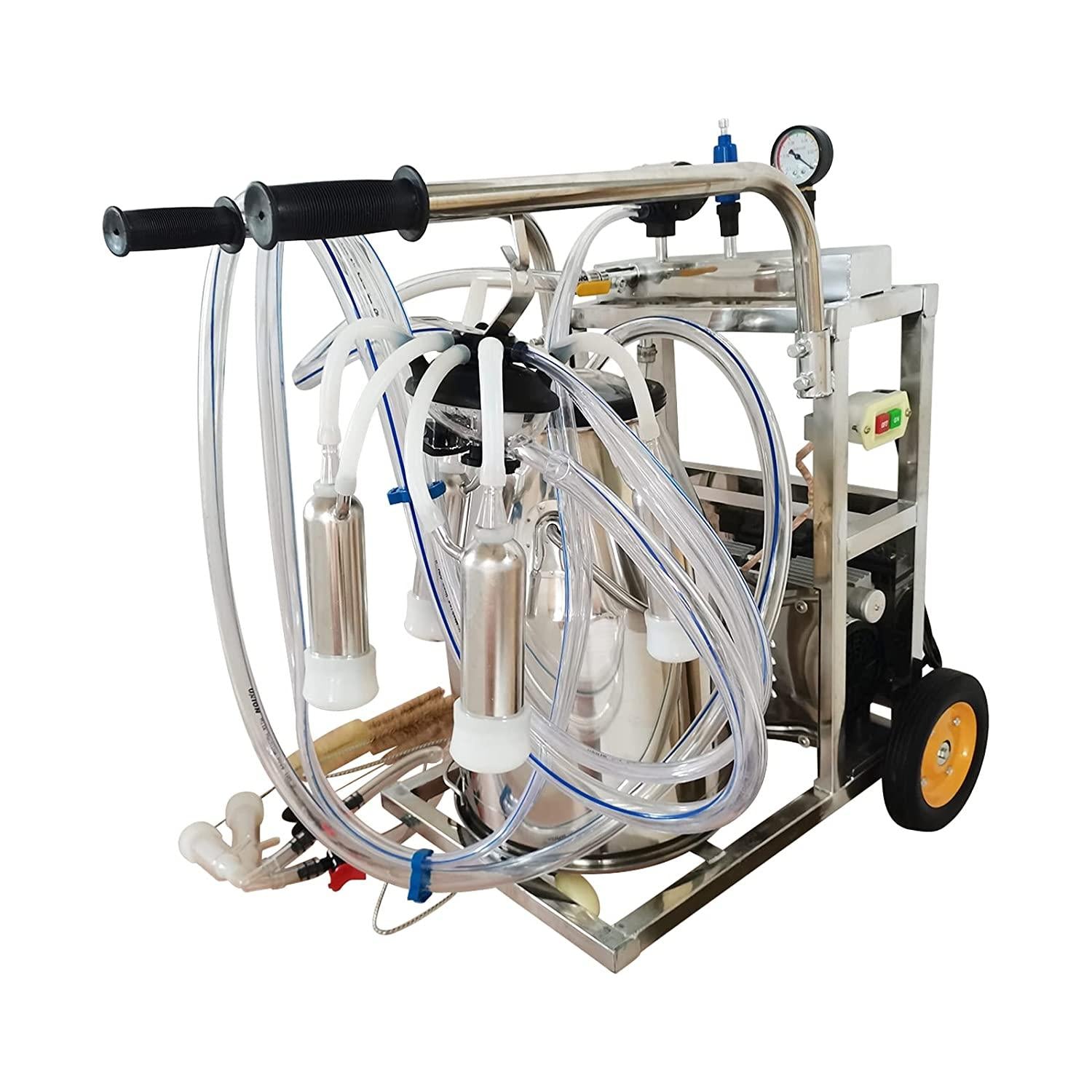 EQCOTWEA 25L Oil- Vacuum Pump Electric MilMachine, 304  Steel Single Bucket Cow Milker, MilMachine for Cow Goat with 3 Cleaning Brushes, 2 Handles, 2 Wheels MilEquipment