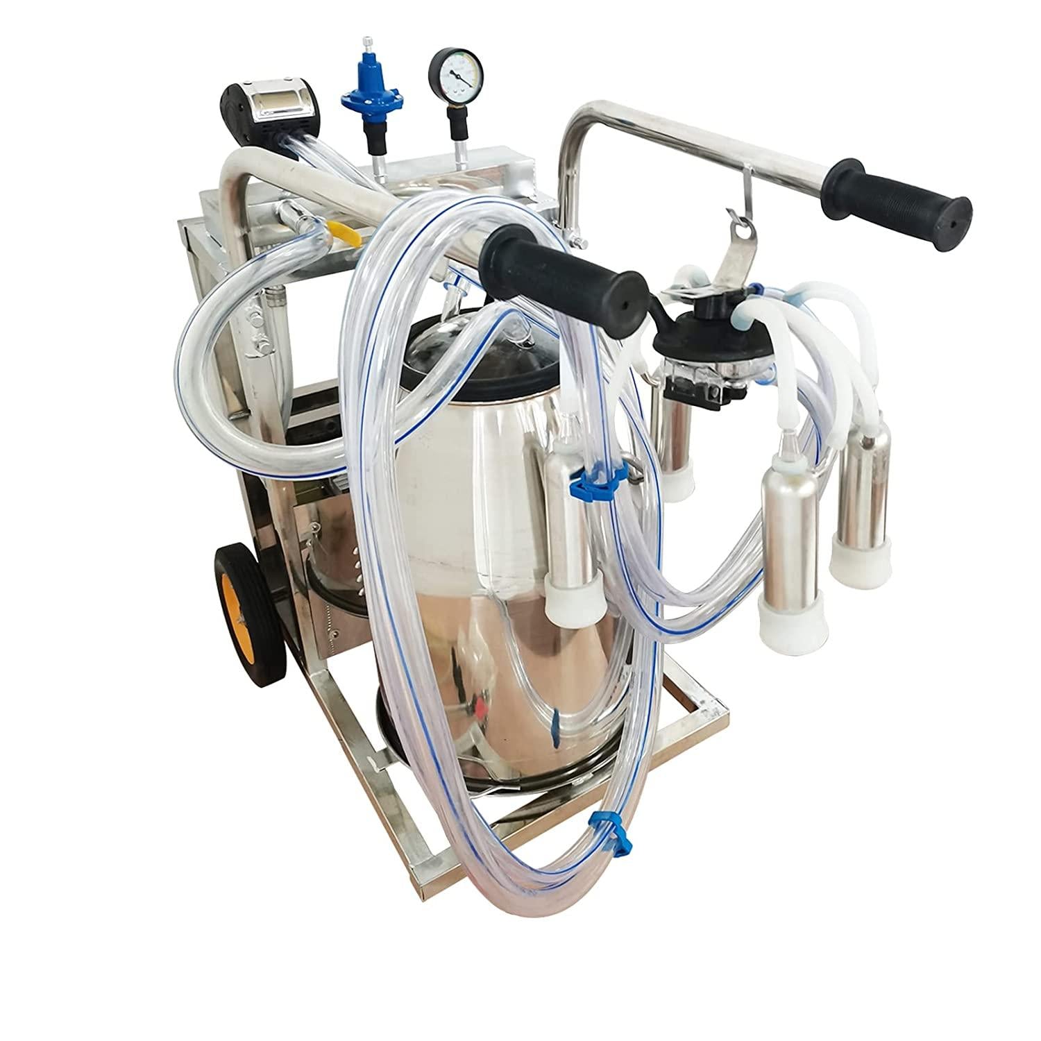 EQCOTWEA 25L Oil- Vacuum Pump Electric MilMachine, 304  Steel Single Bucket Cow Milker, MilMachine for Cow Goat with 3 Cleaning Brushes, 2 Handles, 2 Wheels MilEquipment