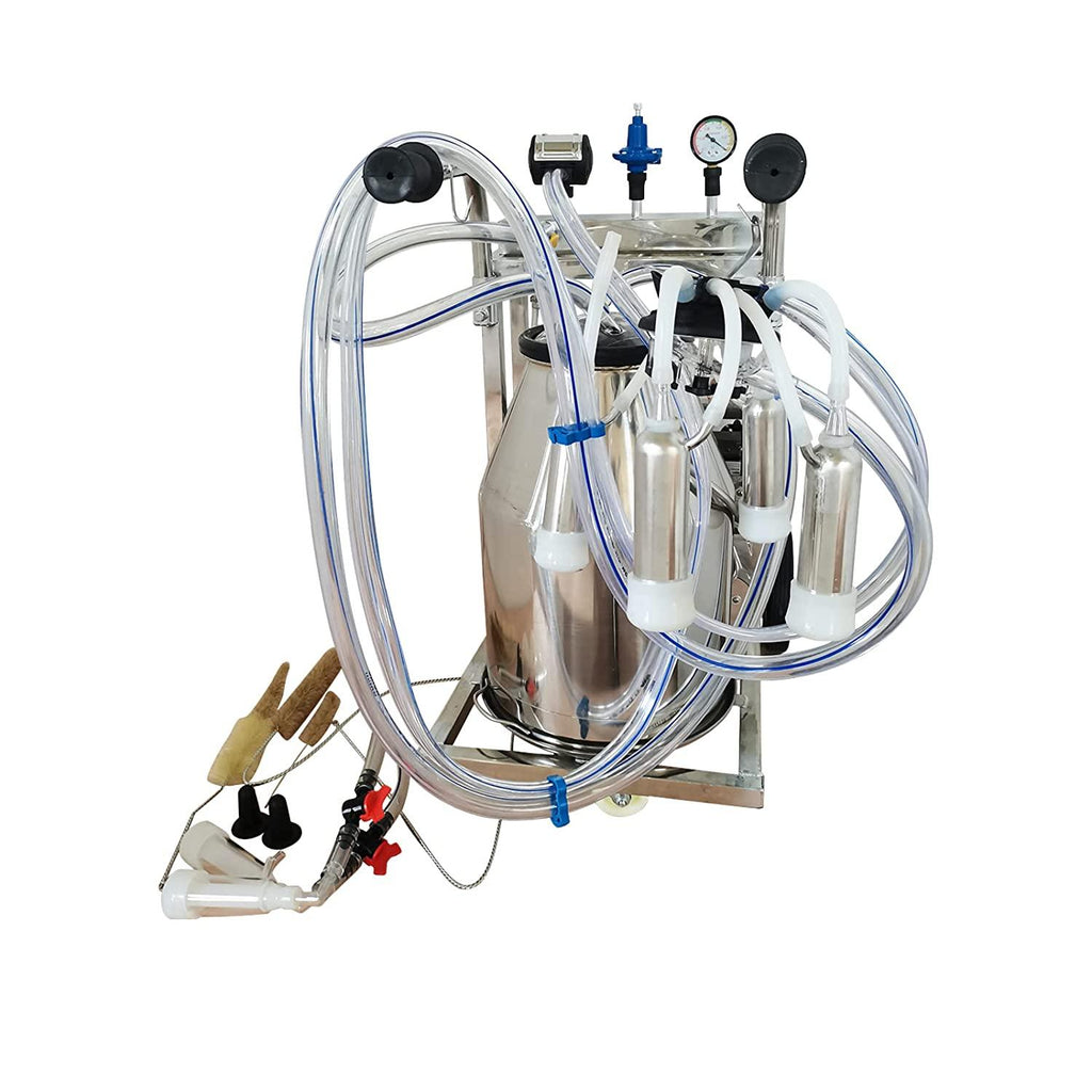 EQCOTWEA 25L Oil- Vacuum Pump Electric MilMachine, 304  Steel Single Bucket Cow Milker, MilMachine for Cow Goat with 3 Cleaning Brushes, 2 Handles, 2 Wheels MilEquipment