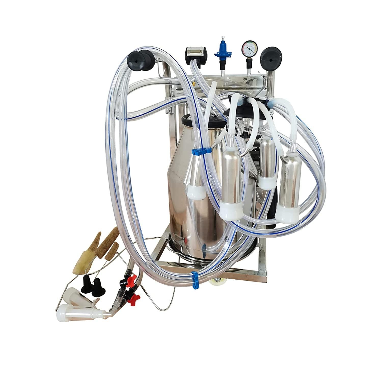 EQCOTWEA 25L Oil- Vacuum Pump Electric MilMachine, 304  Steel Single Bucket Cow Milker, MilMachine for Cow Goat with 3 Cleaning Brushes, 2 Handles, 2 Wheels MilEquipment