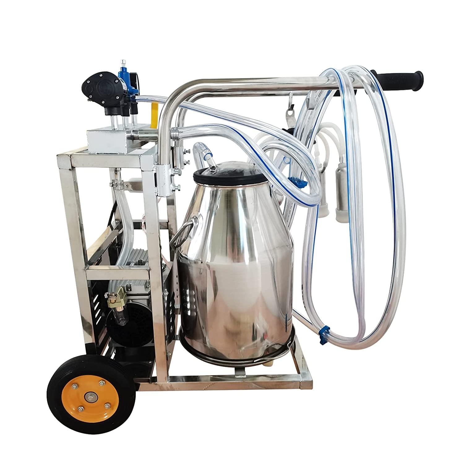 EQCOTWEA 25L Oil- Vacuum Pump Electric MilMachine, 304  Steel Single Bucket Cow Milker, MilMachine for Cow Goat with 3 Cleaning Brushes, 2 Handles, 2 Wheels MilEquipment