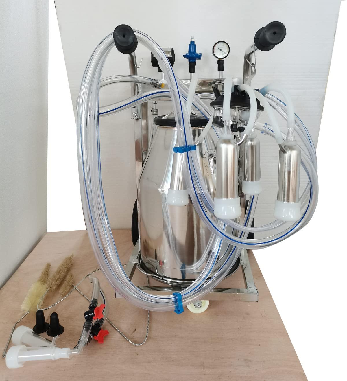 EQCOTWEA 25L Oil- Vacuum Pump Electric MilMachine, 304  Steel Single Bucket Cow Milker, MilMachine for Cow Goat with 3 Cleaning Brushes, 2 Handles, 2 Wheels MilEquipment