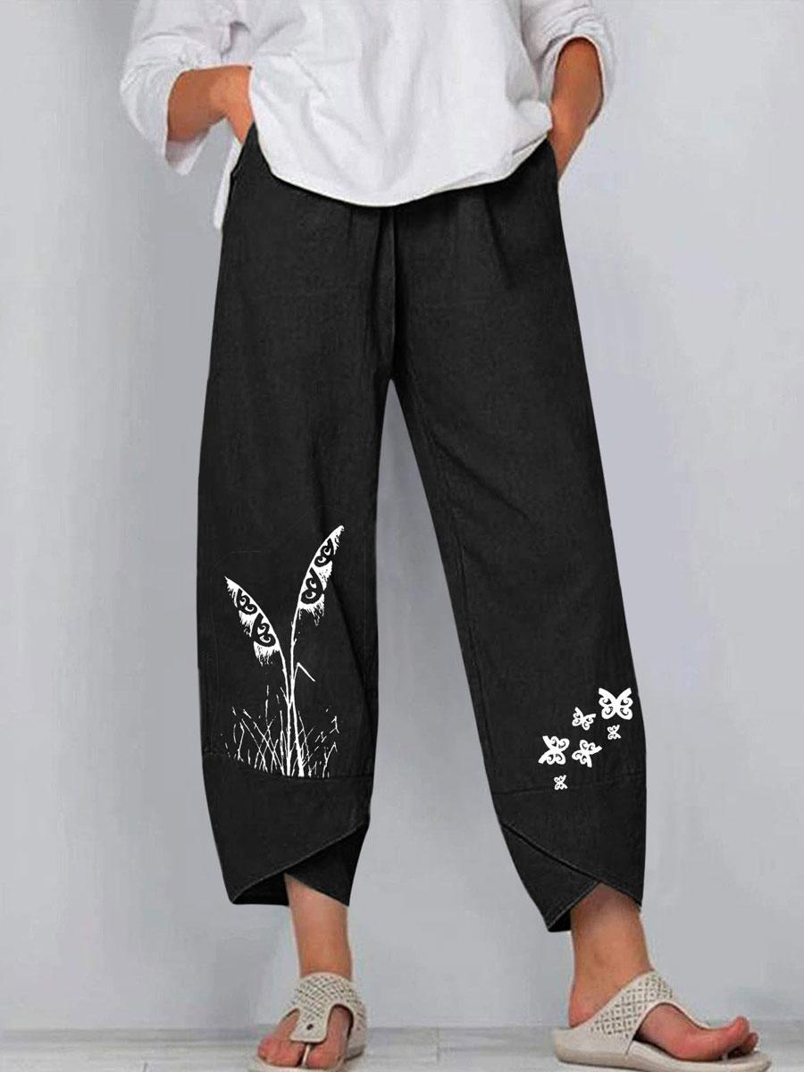 Printed Loose Casual Cotton And Linen Elastic Waist Pants