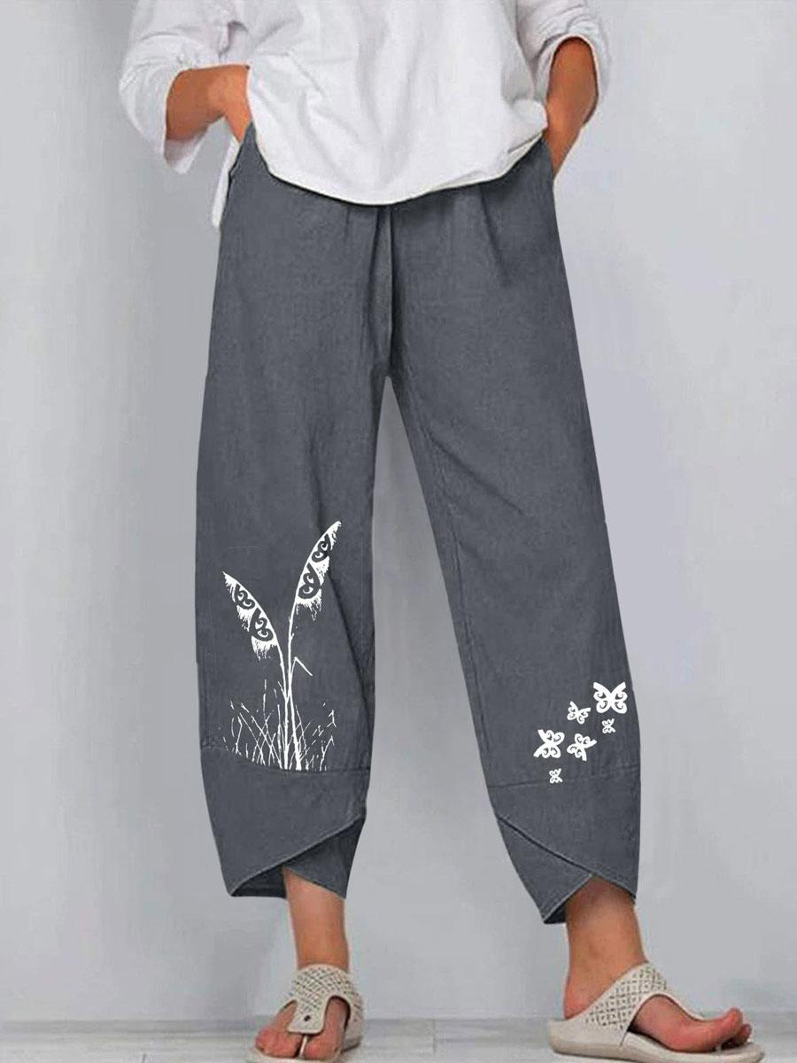 Printed Loose Casual Cotton And Linen Elastic Waist Pants
